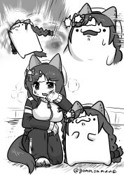 Rule 34 | . ., 1girl, absurdres, animal ears, beret, bow, braid, breasts, closed mouth, goma (gomasamune), greyscale, hair bow, hair ornament, hat, heavy breathing, highres, hokko tarumae (umamusume), horse ears, horse girl, horse tail, jacket, long hair, long sleeves, low twintails, medium breasts, monochrome, multicolored hair, on one knee, open mouth, pants, puffy long sleeves, puffy sleeves, shoes, sleeves past wrists, star (symbol), star hair ornament, streaked hair, striped bow, tail, track jacket, track pants, track suit, twin braids, twintails, twitter username, umamusume, very long hair