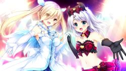 Rule 34 | 2girls, :d, black gloves, blonde hair, blue eyes, blue ribbon, bra, breasts, character request, cleavage, dress, elbow gloves, floating hair, frilled bra, frilled gloves, frills, game cg, gloves, hair over one eye, highres, holding hands, long hair, medium breasts, midriff, multiple girls, navel, neck ribbon, official art, one eye closed, open mouth, otome ga musubu tsukiyo no kirameki, outstretched hand, red bra, ribbon, shinomori suzuka, silver hair, sleeveless, sleeveless dress, small breasts, smile, standing, stomach, strapless, strapless bra, swept bangs, twintails, underwear, very long hair, white dress, white gloves, yellow eyes
