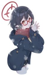 Rule 34 | 1girl, ayane (blue archive), azisai, black coat, black hair, black skirt, blue archive, blush, coat, cowboy shot, cropped legs, glasses, hair between eyes, halo, highres, long sleeves, open mouth, pleated skirt, pointy ears, red-framed eyewear, red halo, red scarf, scarf, short hair, signature, simple background, skirt, solo, white background, yellow eyes