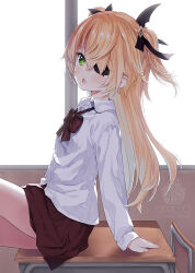 Rule 34 | 1girl, blonde hair, blush, bow, brown bow, brown skirt, capriccio, chair, chestnut mouth, collared shirt, commentary request, day, desk, dress shirt, eyepatch, fischl (genshin impact), genshin impact, green eyes, hair over one eye, indoors, long hair, looking at viewer, on desk, parted lips, school chair, school desk, school uniform, shirt, sitting, on desk, skirt, solo, sunlight, two side up, very long hair, white shirt, window