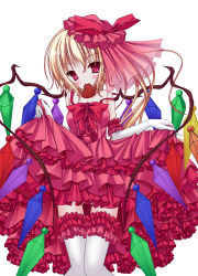 Rule 34 | 1girl, absurdres, akawata, alternate costume, arm garter, blonde hair, blush, candy, chocolate, chocolate heart, clothes lift, dress, dress lift, elbow gloves, embodiment of scarlet devil, female focus, flandre scarlet, food, frilled dress, frilled thighhighs, frills, gloves, hat, hat ribbon, heart, highres, mouth hold, no pants, red eyes, ribbon, see-through, side ponytail, solo, strap slip, thighhighs, touhou, wata (akawata), white gloves, white thighhighs, wings, zettai ryouiki