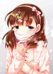Rule 34 | 1girl, absurdres, aqua eyes, bow, breath, brown hair, casual, chain, chain, coat, cold, gold chain, hair bow, hairband, highres, idolmaster, idolmaster cinderella girls, jewelry, looking at viewer, mouth mask, portrait, sakuma mayu, silky (silky alice), snow, snowflakes, solo, surgical mask