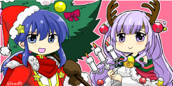 Rule 34 | 1boy, 1girl, alternate costume, antlers, blue hair, brother and sister, candle, christmas ornaments, circlet, deer antlers, fire emblem, fire emblem: genealogy of the holy war, hat, headband, highres, holding, holding candle, holding christmas tree, horns, julia (fire emblem), long hair, nintendo, open mouth, purple eyes, purple hair, santa costume, santa hat, seliph (fire emblem), siblings, simple background, smile, white headband, yukia (firstaid0)