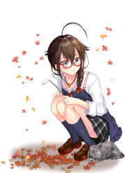 Rule 34 | 1girl, ahoge, bespectacled, black socks, blue eyes, braid, brown footwear, brown hair, cat, commentary request, full body, glasses, hair flaps, hair over shoulder, hands on own knees, highres, jewelry, kantai collection, kiiro kurumi, leaf, legs together, maple leaf, necklace, pleated skirt, red-framed eyewear, semi-rimless eyewear, shigure (kancolle), shigure kai ni (kancolle), shoes, simple background, single braid, skirt, socks, solo, squatting, white background