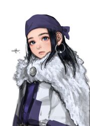 Rule 34 | 1girl, ainu, ainu clothes, asirpa, black hair, blue eyes, cloak, closed mouth, commentary request, fur cloak, golden kamuy, headband, long hair, looking at viewer, mitsuya, pink lips, purple headband, sidelocks, signature, simple background, solo, upper body, white background, white cloak