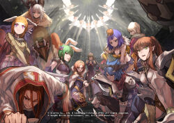 Rule 34 | 3boys, 6+girls, angel, animal ears, apple on head, armor, armored boots, arrow through apple, assassin (ragnarok online), assassin cross (ragnarok online), bandages, belt, bergamot honda, bird, biretta, black pants, black shirt, black thighhighs, black wings, blonde hair, blue dress, blue eyes, blue hair, bob cut, boobplate, boots, bow, breastplate, breasts, brown belt, brown cape, brown eyes, brown hair, brown shirt, brown skirt, cape, chainmail, cleavage, coat, commentary request, crop top, cross, crusader (ragnarok online), dagger, demon wings, dress, feet out of frame, frown, full body, fur-trimmed cape, fur-trimmed gloves, fur-trimmed jacket, fur trim, gauntlets, gloves, green eyes, green hair, habit, hair bow, head wings, high ponytail, highres, holding, holding dagger, holding knife, holding staff, holding weapon, jacket, juliet sleeves, kiseru, knife, knight (ragnarok online), long hair, long sleeves, looking at viewer, medium breasts, medium hair, midriff, monk (ragnarok online), multiple boys, multiple girls, on one knee, open mouth, owl baron, paladin (ragnarok online), pants, pauldrons, peco peco, pink eyes, pointy ears, praying, priest (ragnarok online), puffy sleeves, purple bow, purple dress, purple hair, purple shirt, rabbit ears, ragnarok online, red eyes, red jacket, red scarf, reverse grip, rogue (ragnarok online), scarf, shirt, short hair, shoulder armor, skirt, skull, sleeveless, sleeveless shirt, small breasts, smile, smoking pipe, sniper (ragnarok online), staff, thighhighs, two-tone shirt, v-shaped eyebrows, vambraces, weapon, white coat, white hair, white wings, wings, wizard (ragnarok online), yellow gloves, yellow shirt