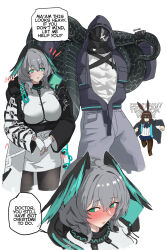 1boy 2girls amiya_(arknights) aqua_eyes arknights blazingchaos breasts brown_hair doctor_(arknights) feathered_wings grey_hair head_wings highres ho&#039;olheyak_(arknights) large_breasts looking_at_another multiple_girls rabbit_girl snake_girl snake_tail tail wings