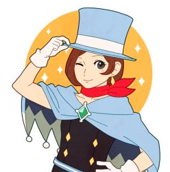 Rule 34 | 1girl, ace attorney, adjusting clothes, adjusting headwear, apollo justice: ace attorney, bad id, bad pixiv id, blue hat, brown hair, capelet, gloves, gojya, grey eyes, hat, one eye closed, scarf, short hair, simple background, smile, solo, top hat, trucy wright, upper body, white gloves