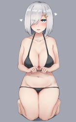 Rule 34 | 1girl, absurdres, bare arms, bare legs, bare shoulders, barefoot, bikini, black bikini, blue eyes, blush, breasts, cleavage, collarbone, grey background, hair ornament, hair over one eye, hairclip, hamakaze (kancolle), heart, highres, kantai collection, kiritto, large breasts, navel, open mouth, short hair, simple background, solo, swimsuit, white hair