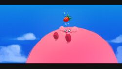 Rule 34 | blue sky, blush stickers, cloud, colored skin, commentary request, food, fruit, kirby, kirby&#039;s dream buffet, kirby (series), letterboxed, looking up, mikeli li (artist), nintendo, no humans, pink skin, sky, smile, solid oval eyes, solo, sparkle, strawberry
