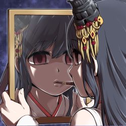 Rule 34 | 10s, 1girl, black hair, empty eyes, food, fusou (kancolle), hair between eyes, hair ornament, holding, holding mirror, japanese clothes, kantai collection, lonely, mirror, mouth hold, pocky, portrait, red eyes, reflection, solo, tokkyuu mikan