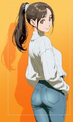 Rule 34 | 1girl, ass, blue pants, breasts, brown hair, cowboy shot, denim, from behind, grey sweater, hair ornament, hair scrunchie, highres, inset border, ishihama masashi, jeans, long hair, long sleeves, looking at viewer, looking back, medium breasts, orange background, orange eyes, original, pants, parted lips, ponytail, scrunchie, shadow, smile, solo, standing, sweater, sweater tucked in, teeth, turtleneck, turtleneck sweater, white scrunchie