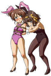 Rule 34 | 2girls, animal ears, bare arms, bare legs, bare shoulders, bdsm, blush, body blush, bondage, bound, bound legs, bow, bowtie, breasts, brown eyes, brown hair, daikinbakuju, detached collar, fake animal ears, full body, grin, hair ribbon, high heels, highres, kyon no imouto, leotard, looking back, medium breasts, multiple girls, naughty face, open mouth, pantyhose, playboy bunny, rabbit ears, ribbon, rope, shibari, shibari over clothes, short hair, simple background, small breasts, smile, standing, strapless, strapless leotard, suzumiya haruhi, suzumiya haruhi no yuuutsu, tied up (nonsexual), white background, wrist cuffs, yuri