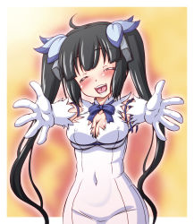 Rule 34 | 10s, 1girl, :d, ^ ^, black hair, blush, breasts, cleavage, closed eyes, covered erect nipples, covered navel, dungeon ni deai wo motomeru no wa machigatteiru darou ka, gloves, gradient background, hair ribbon, hestia (danmachi), highres, imakixxx, long hair, open mouth, rei no himo, ribbon, smile, solo, twintails, white gloves