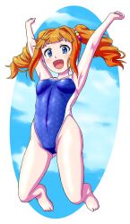 Rule 34 | 1girl, arms up, barefoot, blue eyes, blue one-piece swimsuit, blue sky, breasts, clenched hands, cloud, commentary request, competition swimsuit, covered navel, full body, haruno yomogi, highleg, highleg swimsuit, highres, idolmaster, long hair, looking at viewer, one-piece swimsuit, open mouth, orange hair, sky, small breasts, smile, solo, swimsuit, takatsuki yayoi, twintails, wavy hair