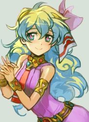 Rule 34 | blue eyes, blue hair, blush, bow, cross-shaped pupils, dress, green hair, hair bow, hungry clicker, looking at viewer, multicolored hair, nia teppelin, own hands together, pink dress, simple background, sleeveless, smile, solo, symbol-shaped pupils, tengen toppa gurren lagann, two-tone hair