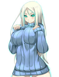 Rule 34 | 10s, 1girl, abyssal ship, aqua eyes, blush, bottomless, breasts, glowing, glowing eyes, green eyes, highres, kantai collection, large breasts, long hair, looking at viewer, naked sweater, personification, ribbed sweater, shiki (psychedelic g2), silver hair, simple background, smile, solo, sweater, ta-class battleship, turtleneck, white background