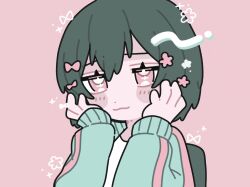 Rule 34 | 1girl, :3, backpack, bag, blush, bow, cevio, closed mouth, flower, flower (symbol), green bag, green hair, green jacket, hair bow, hair flower, hair ornament, half-closed eyes, hands on own cheeks, hands on own face, highres, jacket, kyu-kurarin (cevio), long sleeves, multiple hair bows, open clothes, open jacket, pink background, pink bow, pink eyes, pink flower, seiha (seiha31), short hair, simple background, smile, solo, track jacket, upper body