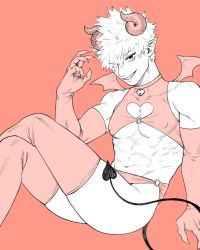 Rule 34 | 1boy, abs, bakugou katsuki, biceps, boku no hero academia, choker, cleavage cutout, clothing cutout, crop top, demon boy, demon horns, demon tail, demon wings, elbow gloves, fingernails, gloves, hair over one eye, heart, heart choker, heart cutout, highres, horns, krbk 2g, crossed legs, limited palette, long fingernails, looking at viewer, male focus, mini wings, muscular, muscular male, nipples, obliques, pectorals, pointy ears, red eyes, red theme, sharp fingernails, short hair, smile, solo, tail, thighhighs, thighs, wings