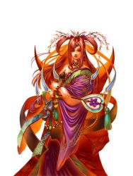 Rule 34 | 1girl, artist request, capcom, character request, colored skin, hand fan, flower, hair flower, hair ornament, japanese clothes, jewelry, kimono, long hair, lots of jewelry, necklace, official art, onimusha, onimusha soul, red hair, red skin, smile, solo, tiara