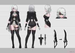 Rule 34 | 1girl, black dress, black footwear, black gloves, boots, braid, breasts, character sheet, cleavage, closed mouth, commentary, dagger, dress, dual wielding, foot out of frame, french braid, full body, fur trim, gloves, grey hair, high heel boots, high heels, highres, holding, holding dagger, holding knife, holding weapon, knife, leotard, long hair, mask, medium breasts, multicolored clothes, multicolored gloves, multiple views, one eye covered, original, parted bangs, parted lips, red eyes, short dress, shrug (clothing), sleeves past elbows, sooon, sword, teeth, thigh strap, very long hair, weapon, white gloves, white leotard