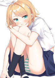Rule 34 | 1girl, aqua eyes, bare legs, black socks, blonde hair, blue skirt, blush, bow, bow hairband, crossed legs, hair bow, hair ornament, hairband, hairclip, hand up, head on knees, head rest, highres, hugging own legs, kagamine rin, knees together feet apart, knees up, looking at viewer, mitora nao, panties, parted bangs, pleated skirt, pouty lips, sailor collar, school uniform, serafuku, shiny skin, shoes, short hair, short sleeves, simple background, sitting, skirt, socks, solo, striped clothes, striped panties, underwear, uwabaki, vocaloid
