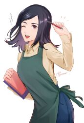 Rule 34 | 1girl, :d, amano maya, apron, aznmeee, black hair, breasts, brown eyes, collared shirt, green apron, highres, long hair, looking at viewer, one eye closed, open mouth, pen, persona, persona 2, shirt, signature, simple background, smile, solo, white background