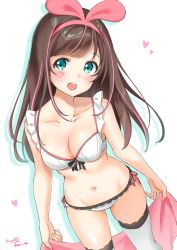 Rule 34 | 1girl, :d, bad id, bad pixiv id, bare shoulders, blue background, blush, bra, breasts, brown hair, cleavage, collarbone, from above, gradient background, hair ribbon, hairband, heart, highres, holding, kinako (shiratama mochi), kizuna ai, kizuna ai inc., legs apart, long hair, looking at viewer, looking up, medium breasts, multicolored hair, open mouth, panties, pink hair, pink hairband, pink ribbon, ribbon, round teeth, side-tie panties, smile, solo, standing, swept bangs, tareme, teeth, thighhighs, twitter username, two-tone hair, underwear, underwear only, virtual youtuber, white bra, white panties, white thighhighs