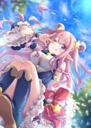 Rule 34 | absurdres, boots, breasts, detached sleeves, elf, frilled skirt, frills, hair ornament, hair rings, hatsune (princess connect!), highres, pillow, pink hair, pointy ears, princess connect!, skirt, star (symbol), star hair ornament, tehepero, tsukachii, twintails, v