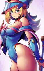 Rule 34 | 1girl, absurdres, bare shoulders, blonde hair, blue leotard, breasts, closed mouth, dark magician girl, duel monster, green eyes, hand up, hat, highleg, highleg leotard, highres, holding, holding staff, large breasts, leotard, long hair, max (maxlikeapicture), pentagram, smile, solo, staff, wizard hat, yu-gi-oh!