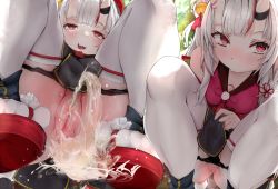 Rule 34 | 1girl, cleft of venus, esearu, highres, hololive, horns, japanese clothes, mask, nakiri ayame, oni mask, outdoors, panties, panty pull, peeing, pussy, red eyes, skin-covered horns, solo, squatting, thighhighs, uncensored, underwear, virtual youtuber, white hair