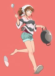 Rule 34 | 10s, 1girl, absurdres, bad id, bad nicoseiga id, bandana, barefoot, blue eyes, brown hair, full body, highres, idolmaster, idolmaster million live!, ladle, off-shoulder shirt, off shoulder, open mouth, red10, red background, satake minako, shirt, shoe loss, shoes, unworn shoes, short hair, short ponytail, short shorts, shorts, single shoe, slippers, solo, standing, standing on one leg, wok
