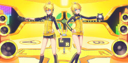 Rule 34 | 1boy, 1girl, blonde hair, brother and sister, controller, game controller, hair ornament, hairclip, headphones, highres, jacket, kagamine len, kagamine rin, kneehighs, madyy, project diva (series), project diva f, remote control, remote control (vocaloid), siblings, socks, speaker, stylish energy (vocaloid), television, track jacket, twins, vocaloid, yellow theme