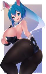 Rule 34 | 1girl, ass, bare shoulders, black gloves, blue eyes, blue hair, breasts, brown pantyhose, cawang, detached collar, feet out of frame, gloves, highres, huge breasts, leotard, long hair, looking at viewer, original, ortina lillibel (yashiro sousaku), pantyhose, playboy bunny, ponytail, skin tight, solo, strapless, strapless leotard, twisted torso