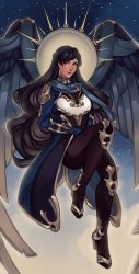 Rule 34 | 1girl, armor, black hair, blue eyes, blue scarf, breastplate, cape, character request, cloud, commentary, commission, copyright request, english commentary, full body, glowing, halo, high heels, highres, knee up, lips, long hair, looking at viewer, night, night sky, nose, pink lips, robasarel, scarf, shoulder armor, sitting, sky, solo, space, star (sky), starry sky, swept bangs, thick eyebrows, very long hair, wavy hair