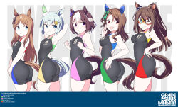 Rule 34 | 5girls, animal ears, ass, black one-piece swimsuit, blue eyes, bow, braid, breasts, brown hair, character name, competition swimsuit, curren chan (umamusume), domino mask, ear bow, ear covers, el condor pasa (umamusume), french braid, grass wonder (umamusume), grey hair, hand on own hip, highres, horse ears, horse girl, horse tail, king halo (umamusume), long hair, looking at viewer, looking back, mask, medium breasts, multicolored clothes, multicolored hair, multicolored swimsuit, multiple girls, one-piece swimsuit, one eye closed, ponytail, purple eyes, red eyes, shigino sohuzi, short hair, small breasts, special week (umamusume), swimsuit, tail, two-tone hair, umamusume, white hair