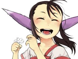 Rule 34 | 1girl, aged down, animal ears, black hair, blush, breath of fire, breath of fire iv, closed eyes, flower, long hair, open mouth, simple background, smile, solo, teeth, tongue, ursula (breath of fire), white background, yosaku (roach)
