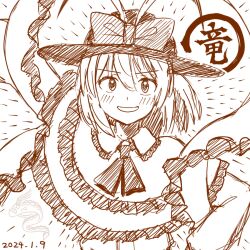 Rule 34 | 1girl, arm up, bow, capelet, dated, derivative work, frilled capelet, frilled shawl, frills, greyscale, hat, hat bow, long sleeves, looking at viewer, monochrome, nagae iku, nengajou, new year, nokimenayu, shawl, short hair, simple background, sketch, solo, touhou, upper body
