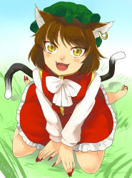 Rule 34 | 1girl, 80yakky, animal ears, artist name, ascot, barefoot, blue sky, blush, brown hair, cat ears, cat tail, chen, earrings, fangs, fingernails, gradient background, hat, highres, jewelry, long sleeves, looking at viewer, mob cap, multiple tails, nail polish, on grass, open mouth, red nails, sharp fingernails, sharp toenails, short hair, single earring, sitting, skirt, skirt set, sky, slit pupils, solo, tail, toenails, touhou, v arms, wariza, yellow eyes