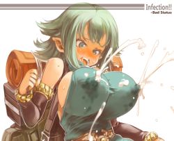 Rule 34 | 1girl, backpack, bag, bare shoulders, blush, breasts, covered erect nipples, female focus, green eyes, green hair, huge breasts, lactation, lactation through clothes, matching hair/eyes, open mouth, pointy ears, sachito, short hair, solo