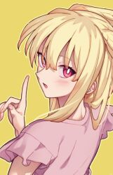 Rule 34 | 1girl, blonde hair, blush, fate/grand order, fate (series), head wings, highres, index finger raised, long hair, looking at viewer, looking back, mitsurugi sugar, open mouth, pink shirt, red eyes, shirt, short sleeves, sidelocks, solo, thrud (fate), valkyrie (fate), wings, yellow background