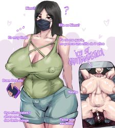 Rule 34 | 1boy, 1girl, black hair, body writing, breasts, brown eyes, censored, completely nude, dark-skinned male, dark skin, fake phone screenshot, fake screenshot, fat, g29, hetero, huge breasts, indie virtual youtuber, large breasts, long hair, looking at viewer, mask, mouth mask, nimu (vtuber), nipples, no bra, nude, puffy nipples, real life, real life insert, see-through, sex, short shorts, shorts, solo focus, spanish text, tank top, thighs, tongue, tongue out, translated, vaginal, virtual youtuber