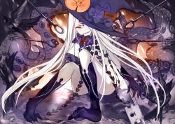 Rule 34 | 1girl, abigail williams (fate), abigail williams (third ascension) (fate), aonogura, bird, black bird, black bow, black hat, bow, colored skin, crow, fate/grand order, fate (series), fingernails, grin, hat, hat bow, highres, key, keyhole, long hair, looking at viewer, multiple hat bows, orange bow, pink eyes, revealing clothes, sharp fingernails, sharp teeth, sharp toenails, sitting, smile, solo, suction cups, teeth, tentacles, third eye, toenails, very long hair, white hair, white skin, witch hat
