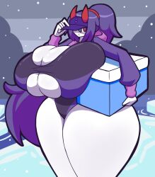 Rule 34 | 1girl, breasts, bursting breasts, cleavage, colored skin, curvy, demon girl, female focus, gensin, hair over one eye, highres, horns, huge breasts, looking at viewer, monster girl, one-piece swimsuit, original, outdoors, purple hair, red eyes, red horns, skindentation, snow, solo, standing, swimsuit, thick thighs, thighs, underboob, white skin, wide hips