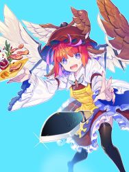 Rule 34 | 1girl, animal ears, apron, bird wings, black thighhighs, blue background, brown dress, brown hat, commentary request, dress, fangs, feathered wings, fingernails, food, foreshortening, frilled sleeves, frills, fruit, glint, hat, highres, knife, long fingernails, long sleeves, looking at viewer, meat, mob cap, mystia lorelei, nail polish, open mouth, pink nails, pomegranate, purple eyes, red hair, shirt, short hair, simple background, solo, sweatdrop, thighhighs, touhou, white shirt, wide sleeves, wings, zounose