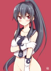 Rule 34 | 10s, 1girl, akane souichi, bare shoulders, black hair, blush, bottomless, breast hold, breasts, collarbone, covering privates, covering crotch, crop top, embarrassed, furrowed brow, gloves, groin, hair ornament, hair scrunchie, hand on own arm, high ponytail, kantai collection, looking at viewer, navel, out-of-frame censoring, red background, red eyes, sailor collar, school uniform, scrunchie, serafuku, shirt, sidelocks, simple background, sleeveless, sleeveless shirt, solo, sweat, white gloves, yahagi (kancolle)