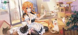 Rule 34 | 1girl, apron, bell, black legwear, blonde hair, breasts, cat, choker, cleavage, date a live, date a live: spirit pledge, grey eyes, holding, indoors, long hair, looking at viewer, maid, official art, open mouth, smile, solo, white apron, white choker, yamai yuzuru