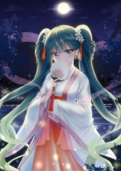Rule 34 | 1girl, blush, breasts, closed mouth, cloud, fireflies, flower, full moon, green eyes, green hair, hair between eyes, hair flower, hair ornament, hakama, hand fan, hatsune miku, head tilt, highres, holding, japanese clothes, lake, long hair, long sleeves, mamel 27, miko, moon, night, night sky, outdoors, paper fan, red hakama, see-through, sky, sleeves past fingers, sleeves past wrists, small breasts, smile, solo, twintails, uchiwa, very long hair, vocaloid, water, white flower, wide sleeves