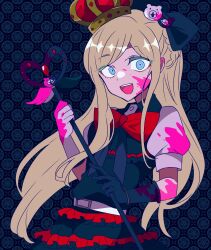 Rule 34 | 1girl, :d, alternate costume, black background, black bow, black dress, black gloves, blood, blood on clothes, blood on face, bow, bowtie, bracelet, braid, collared dress, crown, danganronpa (series), danganronpa 2: goodbye despair, dark persona, dress, frilled dress, frills, gloves, green eyes, hair bow, highres, holding, holding staff, jewelry, monokuma, open mouth, pink blood, puffy short sleeves, puffy sleeves, red bow, red bowtie, red dress, short sleeves, single glove, smile, solo, sonia nevermind, staff, teeth, todoroki gk2, upper teeth only