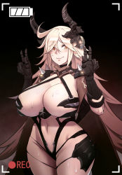 Rule 34 | 1girl, ahoge, armor, arms up, bikini armor, black background, blonde hair, blush, boots, breasts, cape, carcass (artist), cleavage, eyes visible through hair, faucre the evil overlord, gauntlets, gloves, hands up, headgear, highres, huge breasts, large breasts, last origin, long hair, looking at viewer, midriff, navel, open mouth, pauldrons, recording, shoulder armor, shoulder spikes, simple background, smile, solo, spikes, thigh boots, thighhighs, v, very long hair, yellow eyes